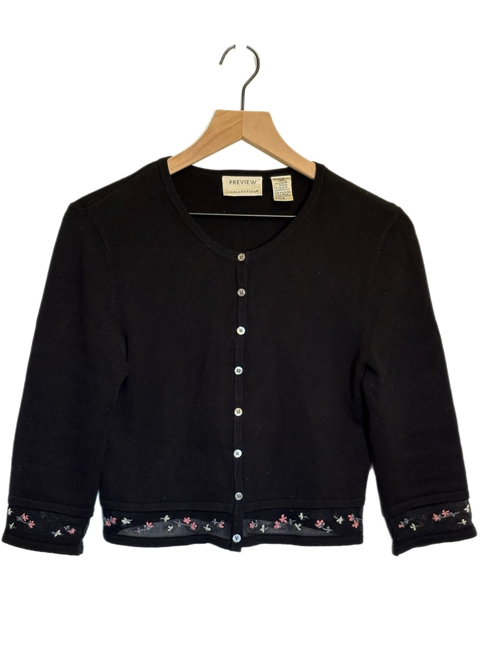 Black Pink Floral Embroidery Button-Up Cardigan Sweater S Clean Girl Coquette